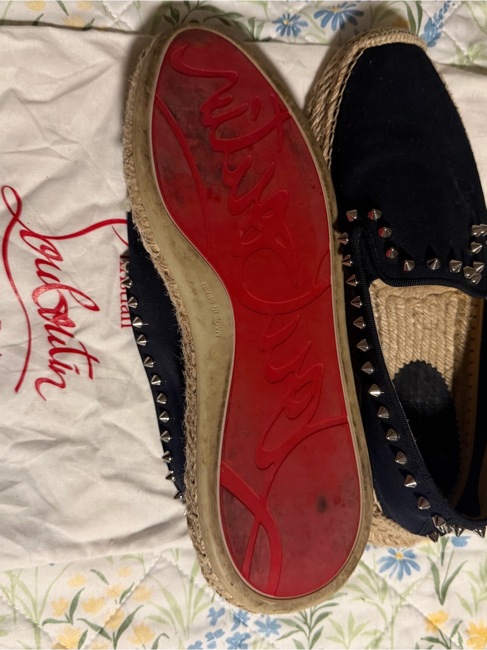 Christian Louboutin Navy Canvas Studded Espadrilles with Red Sole